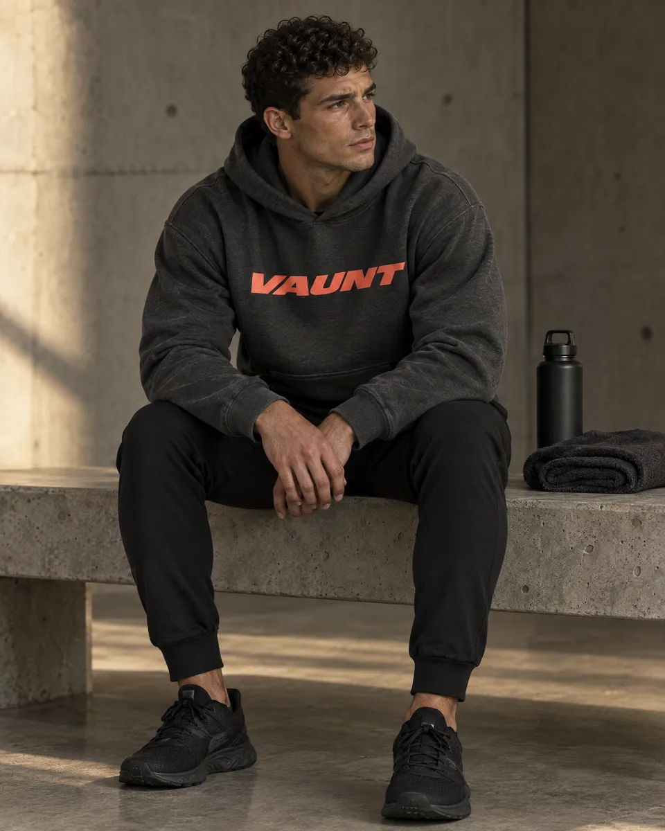 Athlete resting on a concrete bench after training in a charcoal hoodie with a coral VAUNT wordmark across the chest