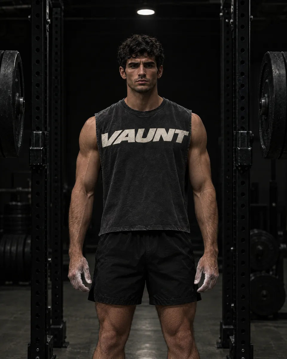 Crop-off tank: a giant bone VAUNT across the chest of a washed charcoal tank